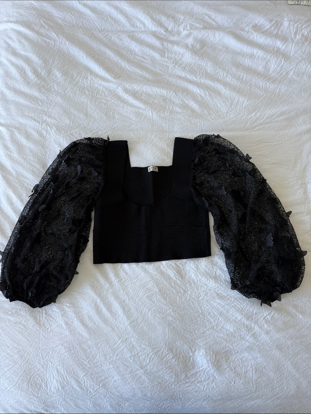 Free People Black Puff-Sleeve Cropped Square-Neck Top with Butterfly Detail